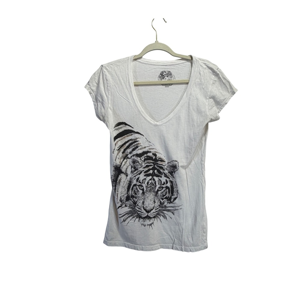 Stranded Womens White Tiger Graphic V-Neck TShirt Size Large Cotton Short Sleeve